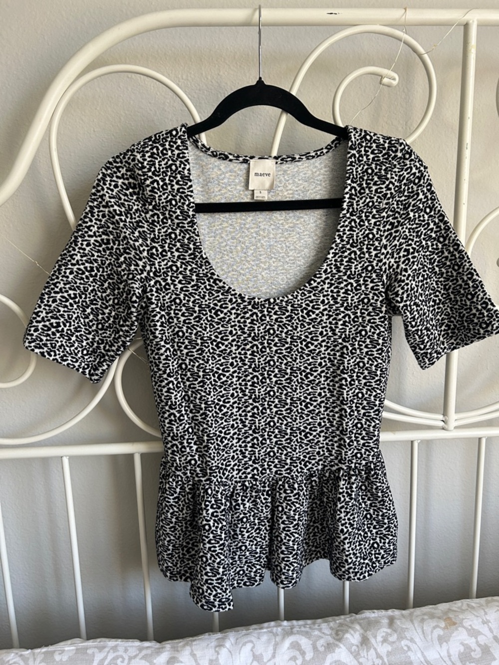 Maeve Black and White Leopard Scoop Neck Peplum Top